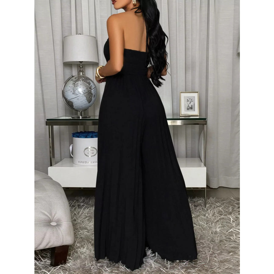 Pleated Halter Neck Wide Leg Jumpsuit Apparel and Accessories