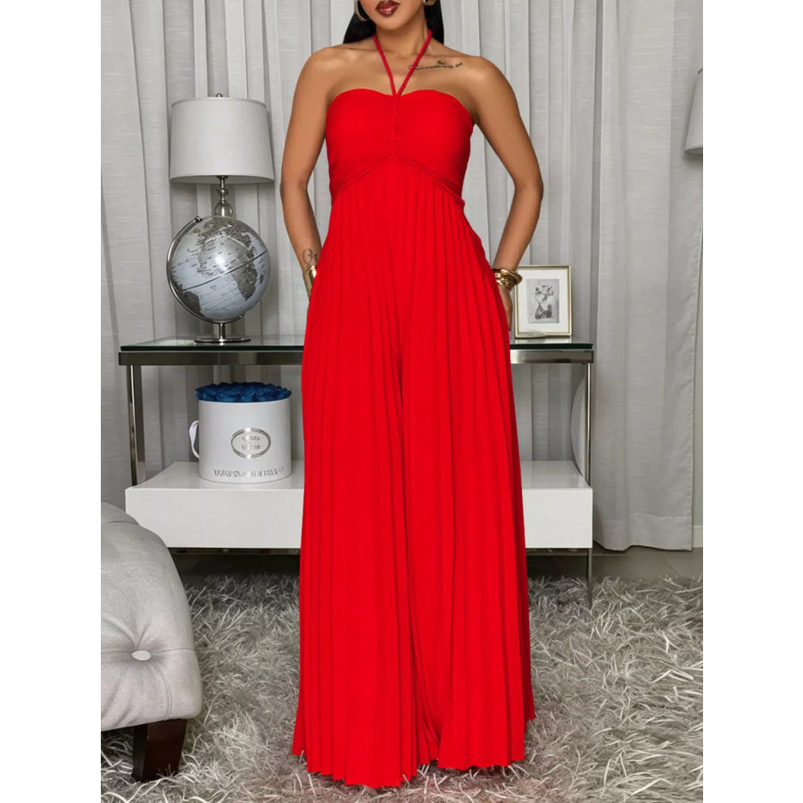 Pleated Halter Neck Wide Leg Jumpsuit Apparel and Accessories