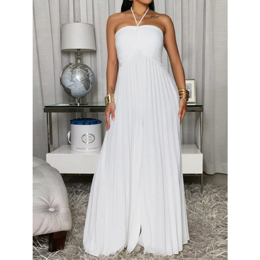 Pleated Halter Neck Wide Leg Jumpsuit Apparel and Accessories