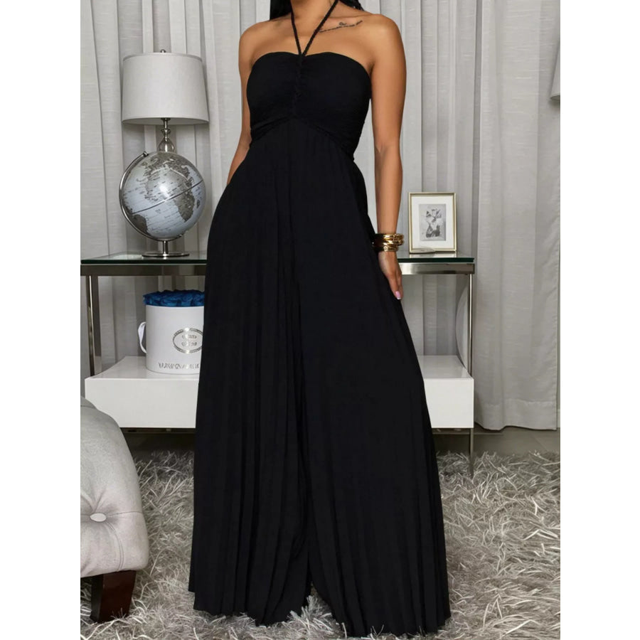 Pleated Halter Neck Wide Leg Jumpsuit Apparel and Accessories