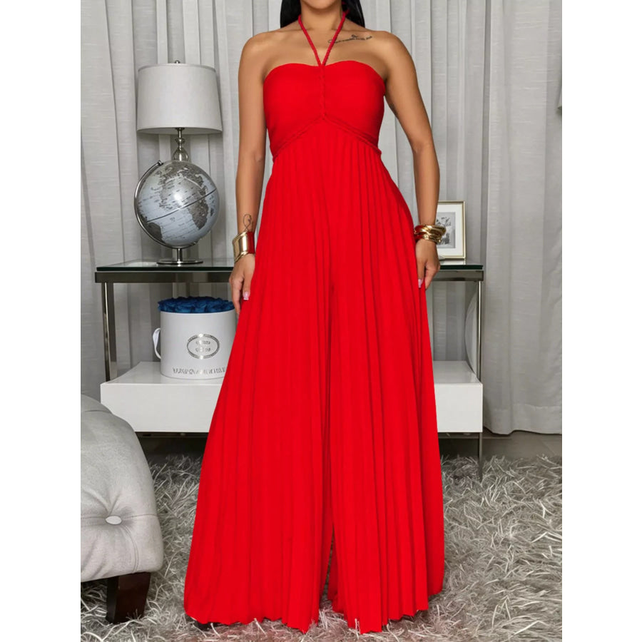 Pleated Halter Neck Wide Leg Jumpsuit Apparel and Accessories