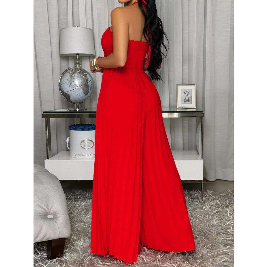 Pleated Halter Neck Wide Leg Jumpsuit Apparel and Accessories