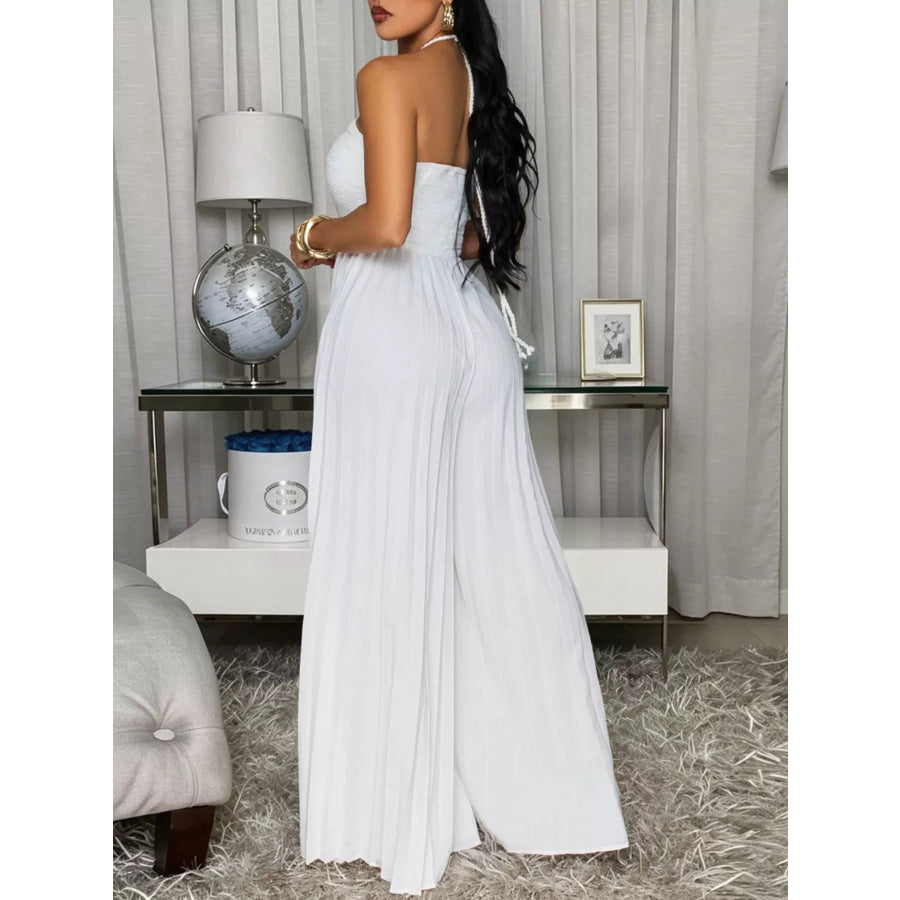 Pleated Halter Neck Wide Leg Jumpsuit Apparel and Accessories