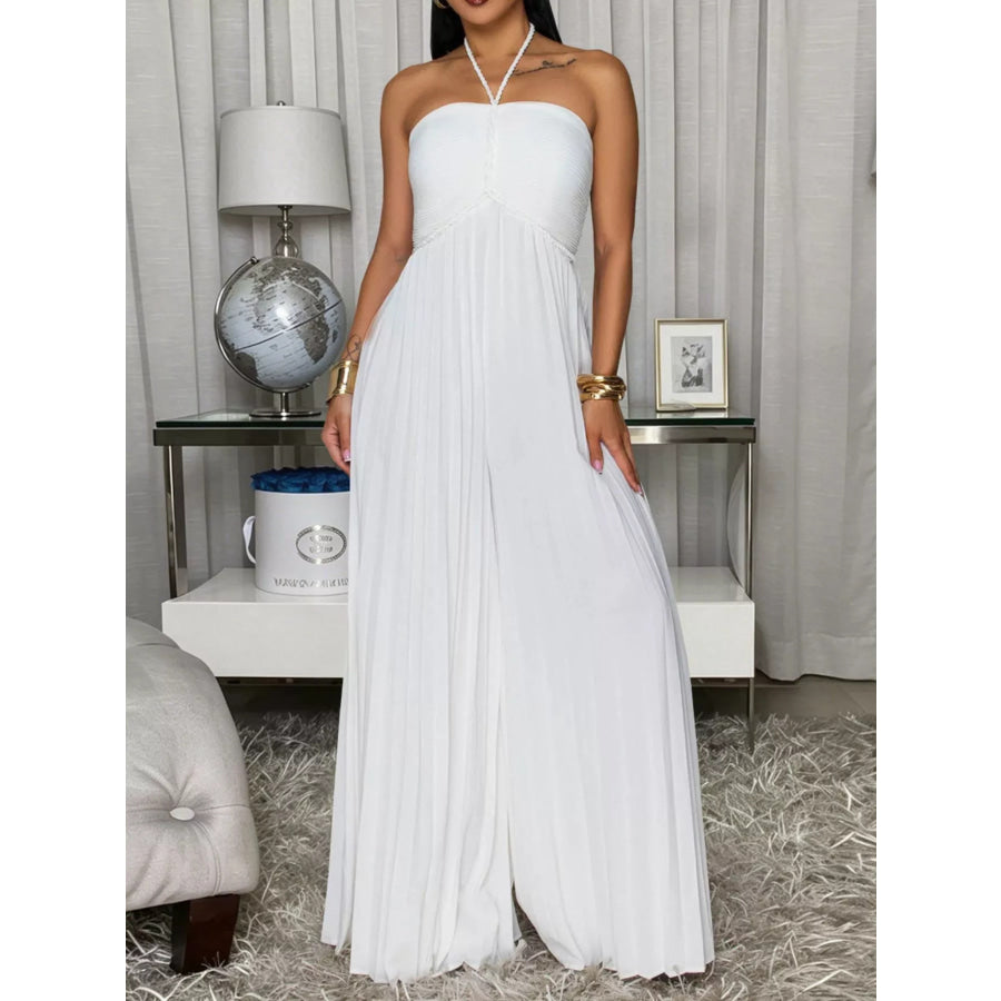 Pleated Halter Neck Wide Leg Jumpsuit White / S Apparel and Accessories