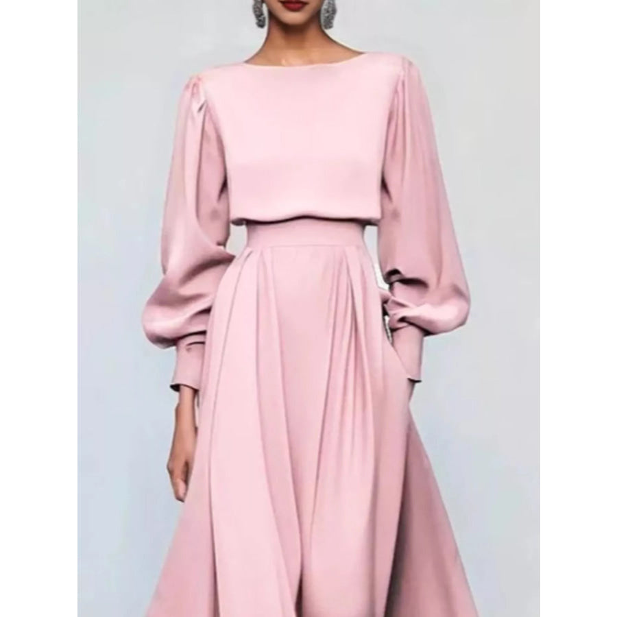Pleated Lantern Sleeve Midi Dress Apparel and Accessories