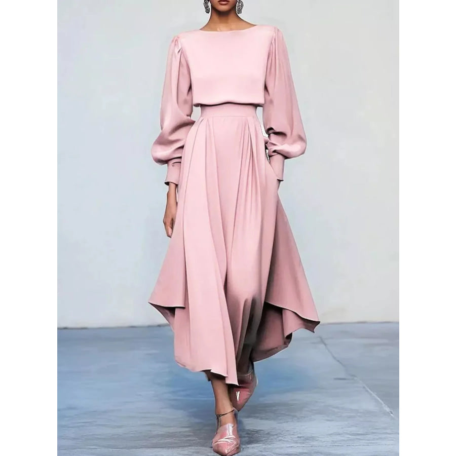 Pleated Lantern Sleeve Midi Dress Blush Pink / S Apparel and Accessories