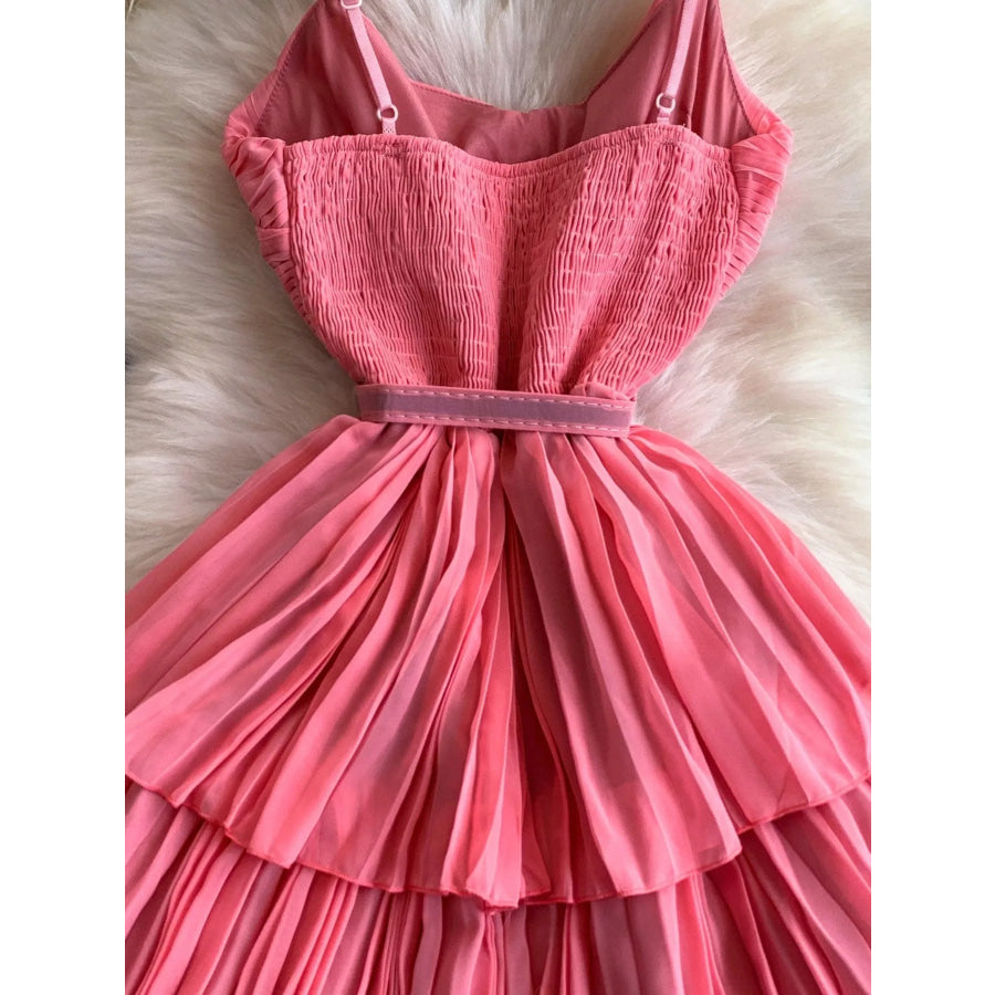Pleated Layered Spaghetti Strap Midi Dress Apparel and Accessories
