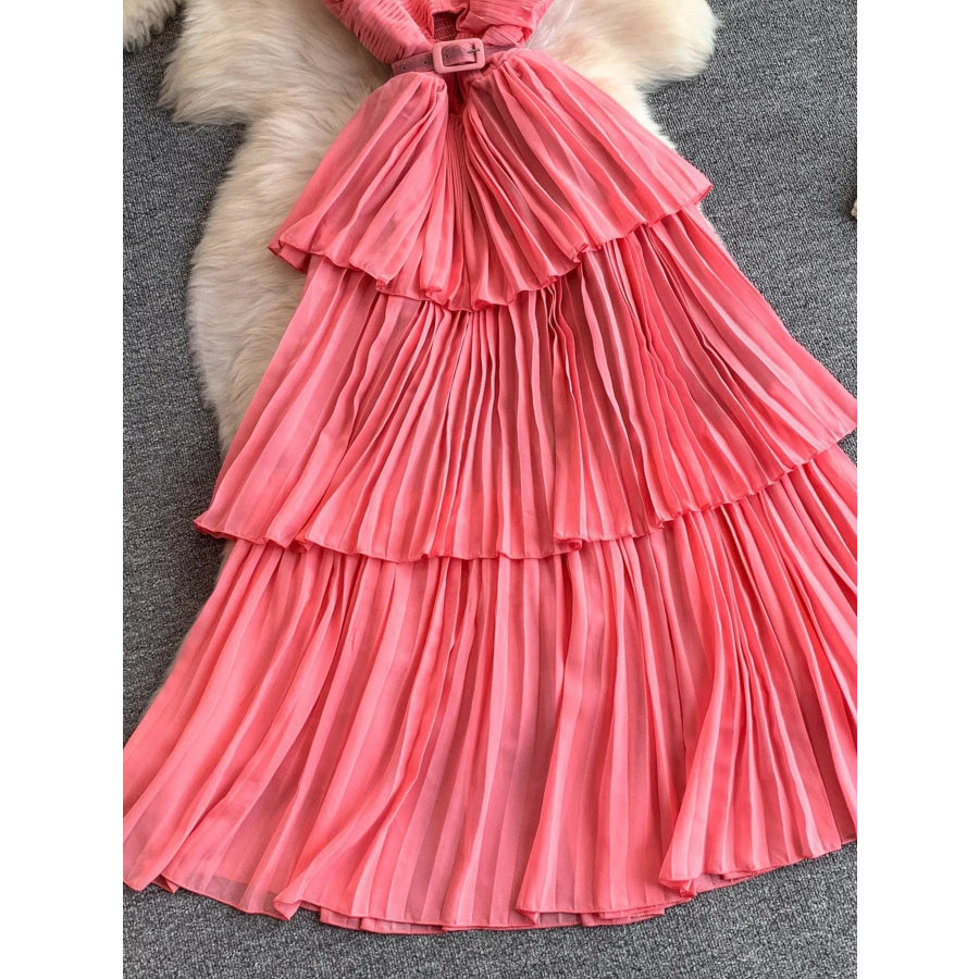 Pleated Layered Spaghetti Strap Midi Dress Apparel and Accessories