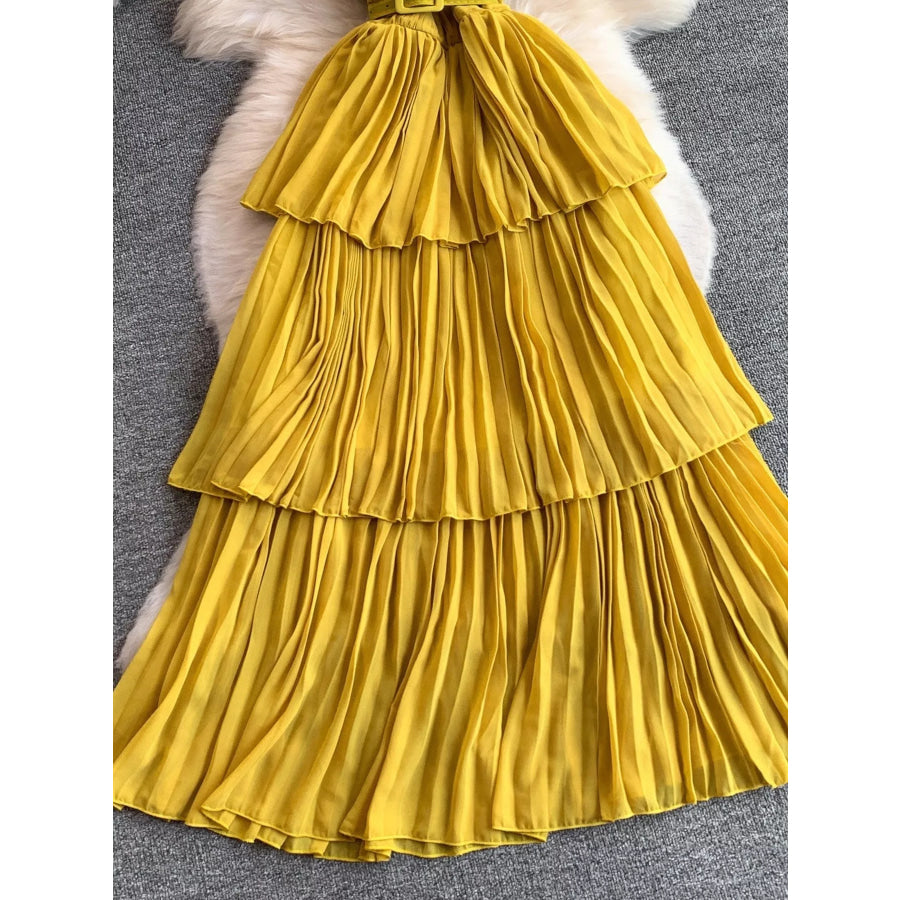 Pleated Layered Spaghetti Strap Midi Dress Apparel and Accessories