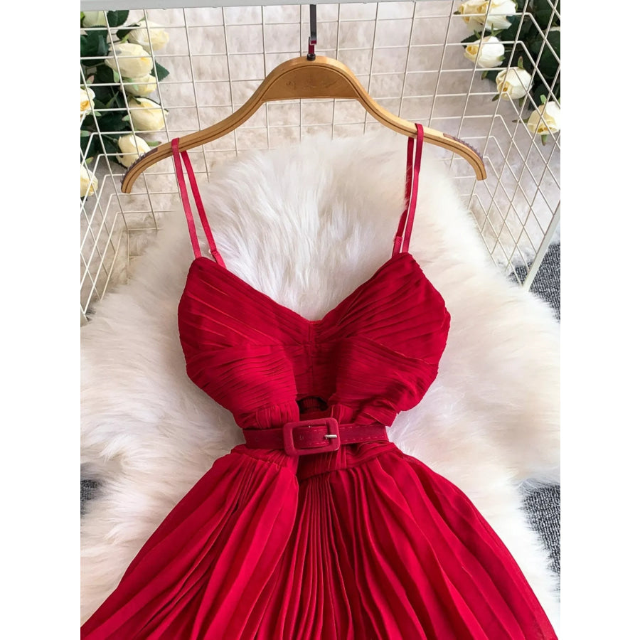 Pleated Layered Spaghetti Strap Midi Dress Apparel and Accessories