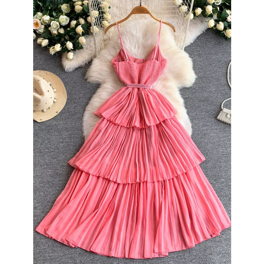 Pleated Layered Spaghetti Strap Midi Dress Apparel and Accessories