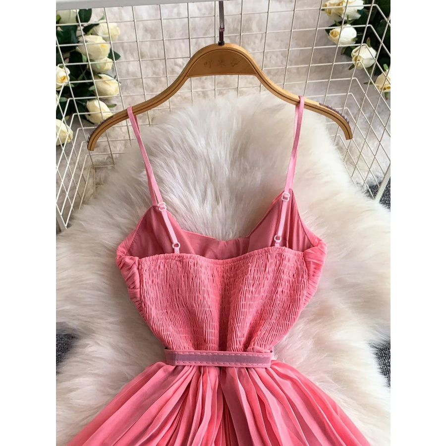 Pleated Layered Spaghetti Strap Midi Dress Apparel and Accessories
