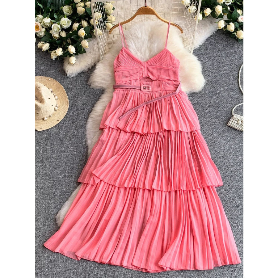 Pleated Layered Spaghetti Strap Midi Dress Apparel and Accessories