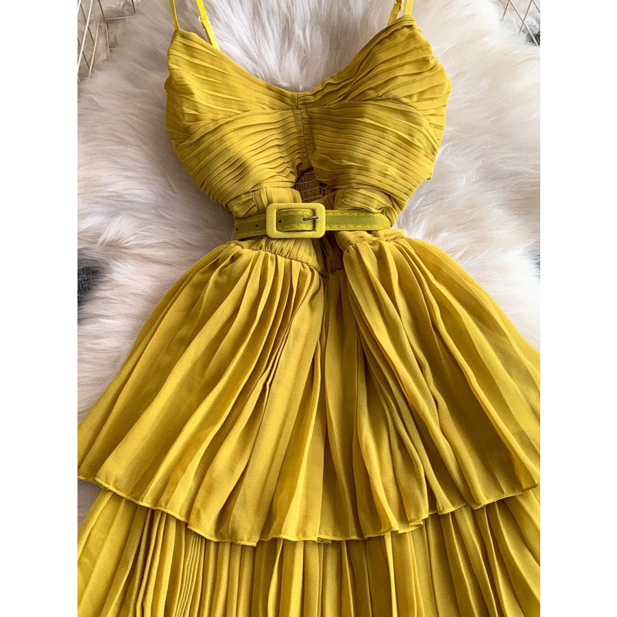 Pleated Layered Spaghetti Strap Midi Dress Apparel and Accessories