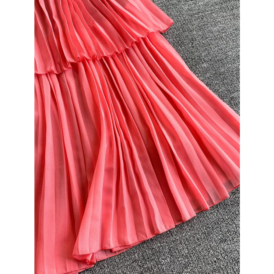 Pleated Layered Spaghetti Strap Midi Dress Apparel and Accessories