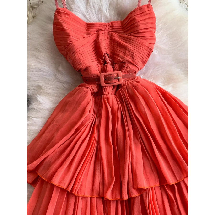 Pleated Layered Spaghetti Strap Midi Dress Apparel and Accessories