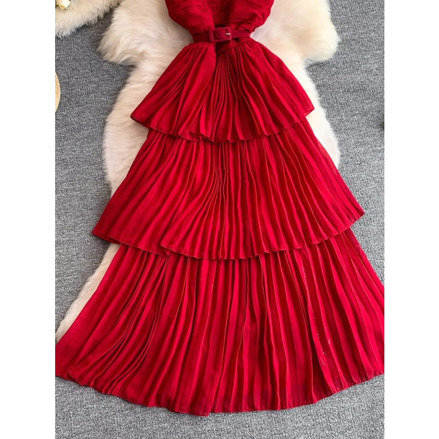 Pleated Layered Spaghetti Strap Midi Dress Apparel and Accessories