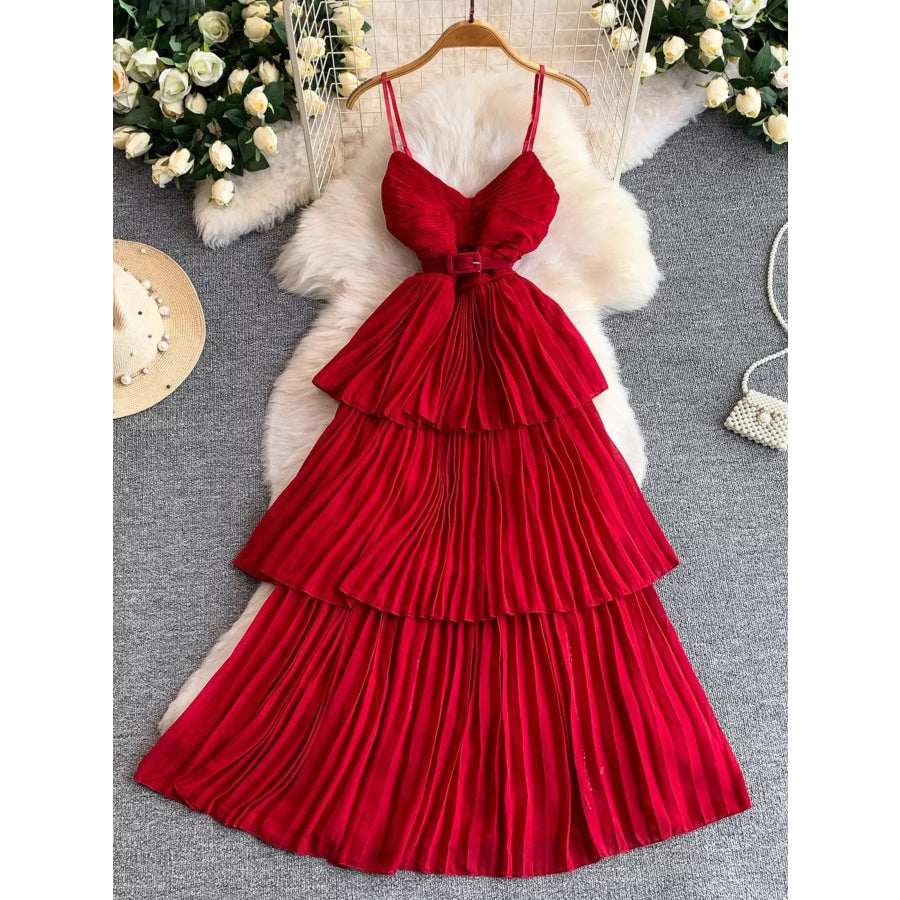 Pleated Layered Spaghetti Strap Midi Dress Deep Red / One Size Apparel and Accessories