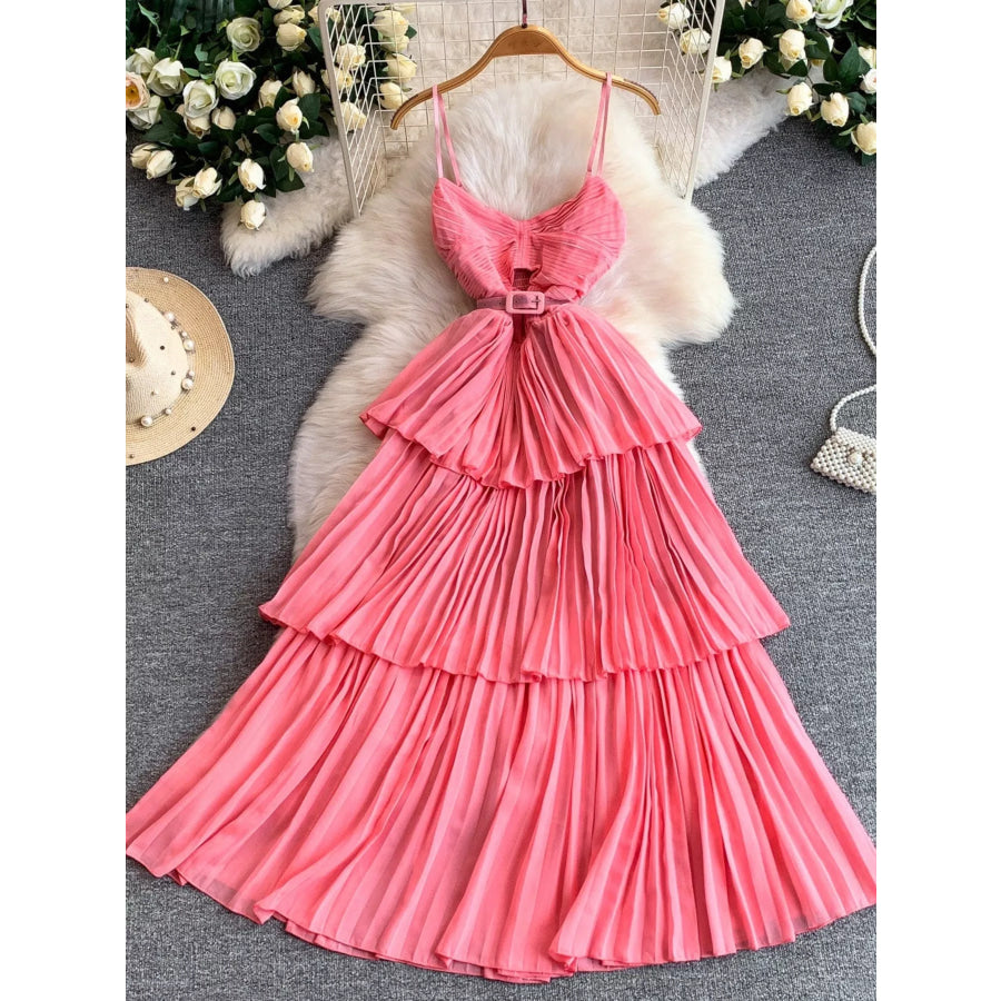 Pleated Layered Spaghetti Strap Midi Dress Pink / One Size Apparel and Accessories