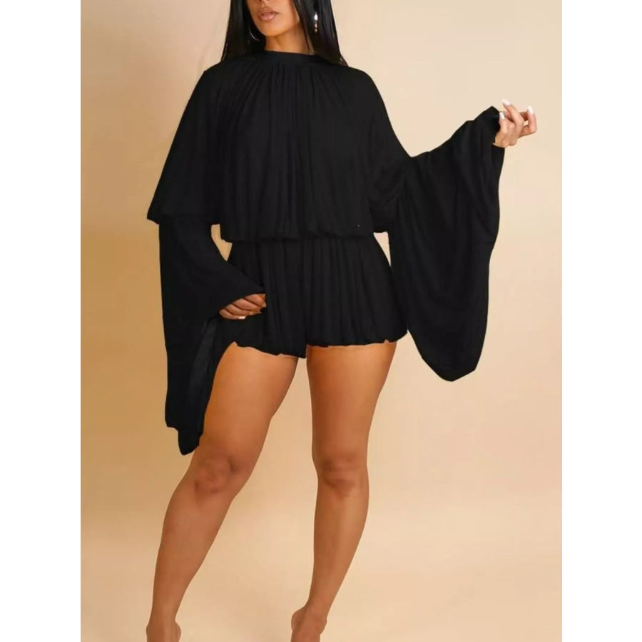 Pleated Long Sleeve Top and Skirt Set Black / S Apparel and Accessories