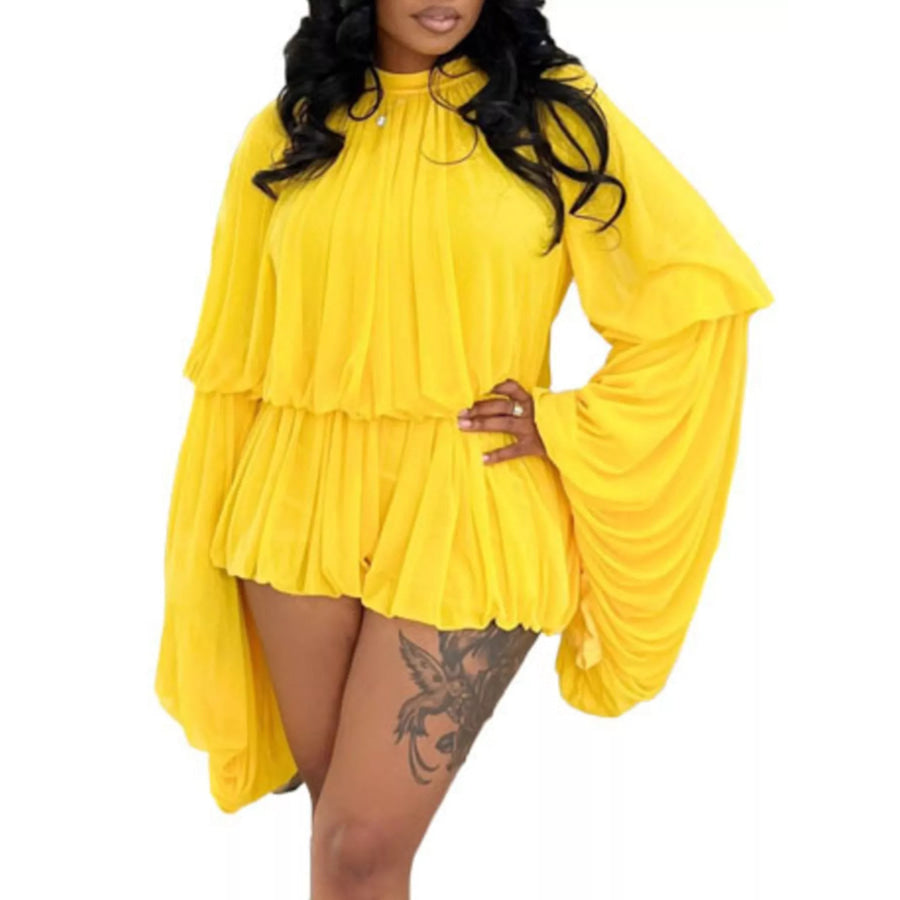 Pleated Long Sleeve Top and Skirt Set Yellow / S Apparel and Accessories