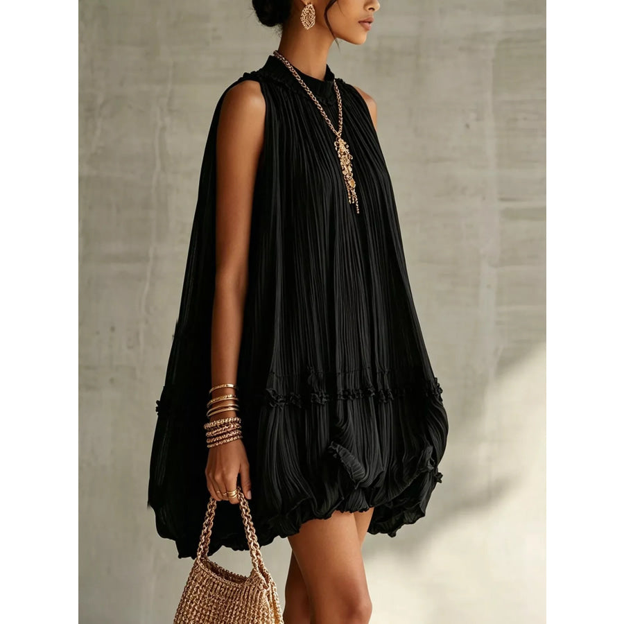 Pleated Mock Neck Sleeveless Mini Dress Apparel and Accessories