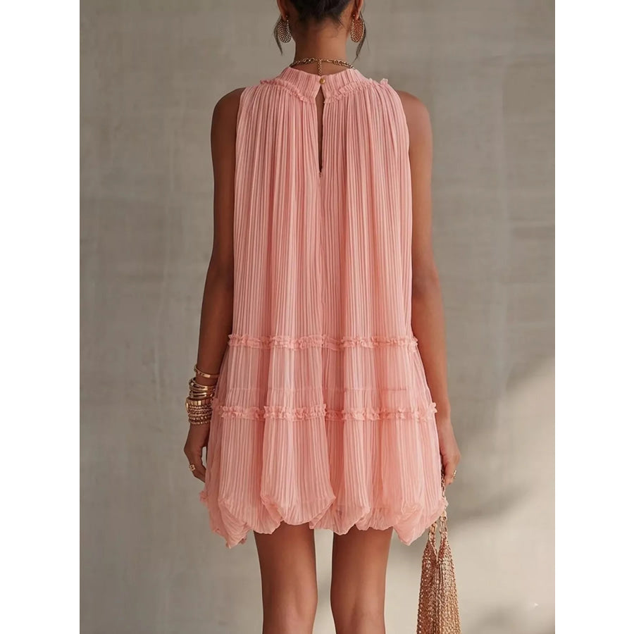 Pleated Mock Neck Sleeveless Mini Dress Apparel and Accessories