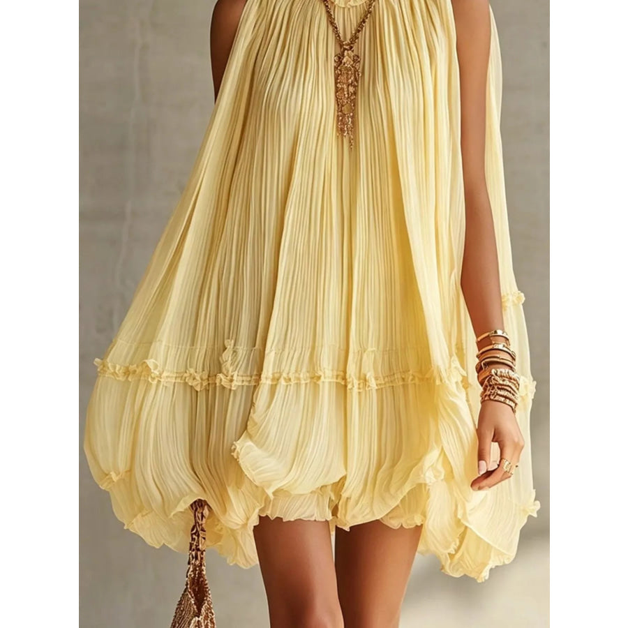 Pleated Mock Neck Sleeveless Mini Dress Apparel and Accessories