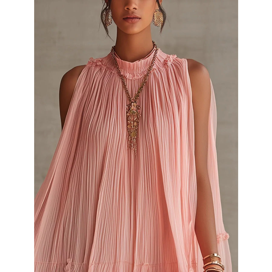 Pleated Mock Neck Sleeveless Mini Dress Apparel and Accessories