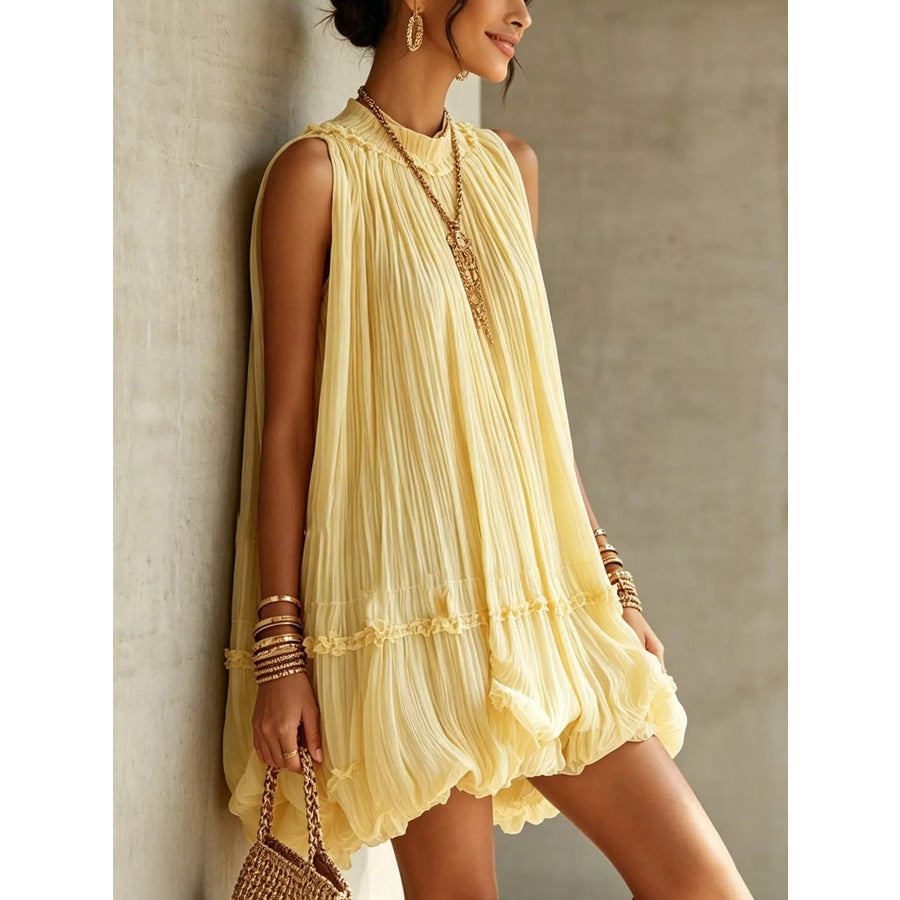 Pleated Mock Neck Sleeveless Mini Dress Apparel and Accessories
