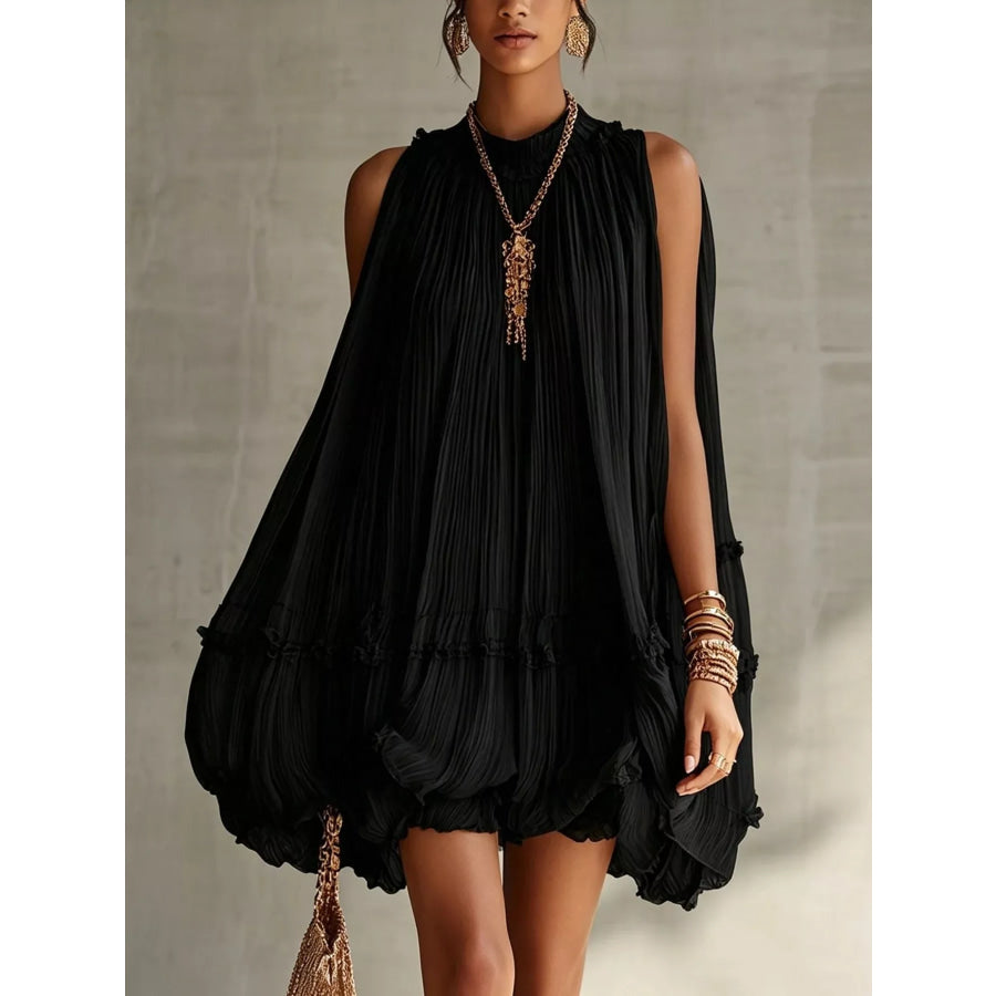 Pleated Mock Neck Sleeveless Mini Dress Black / S Apparel and Accessories