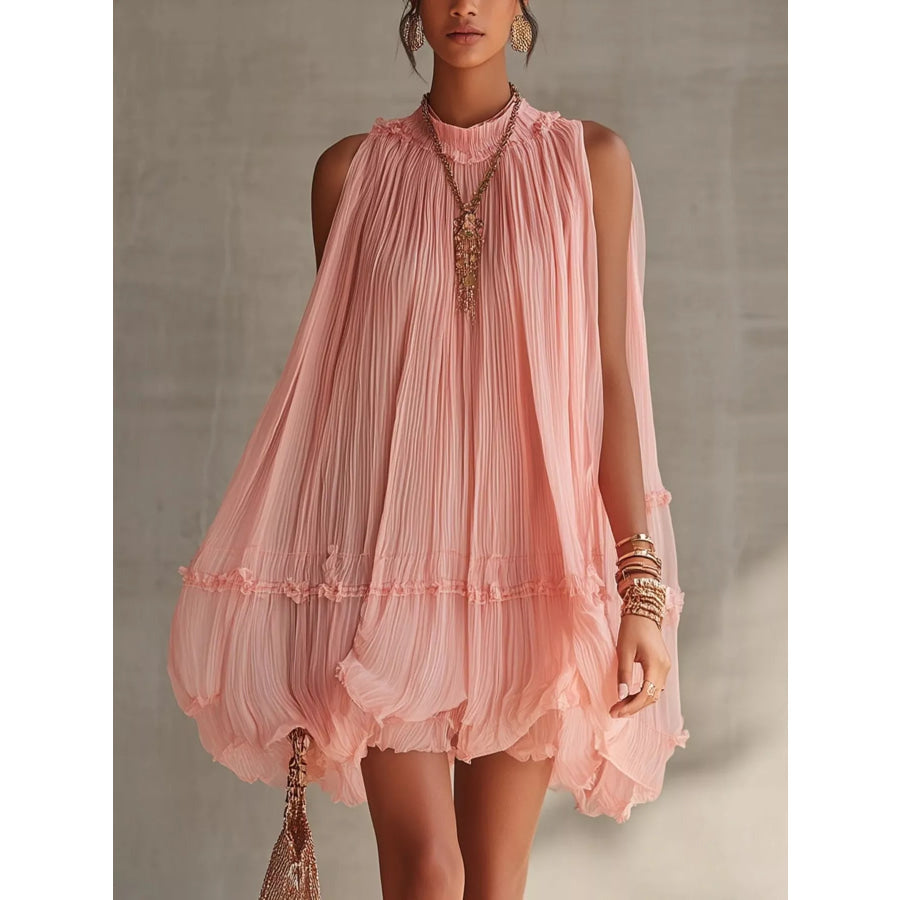 Pleated Mock Neck Sleeveless Mini Dress Dusty Pink / S Apparel and Accessories
