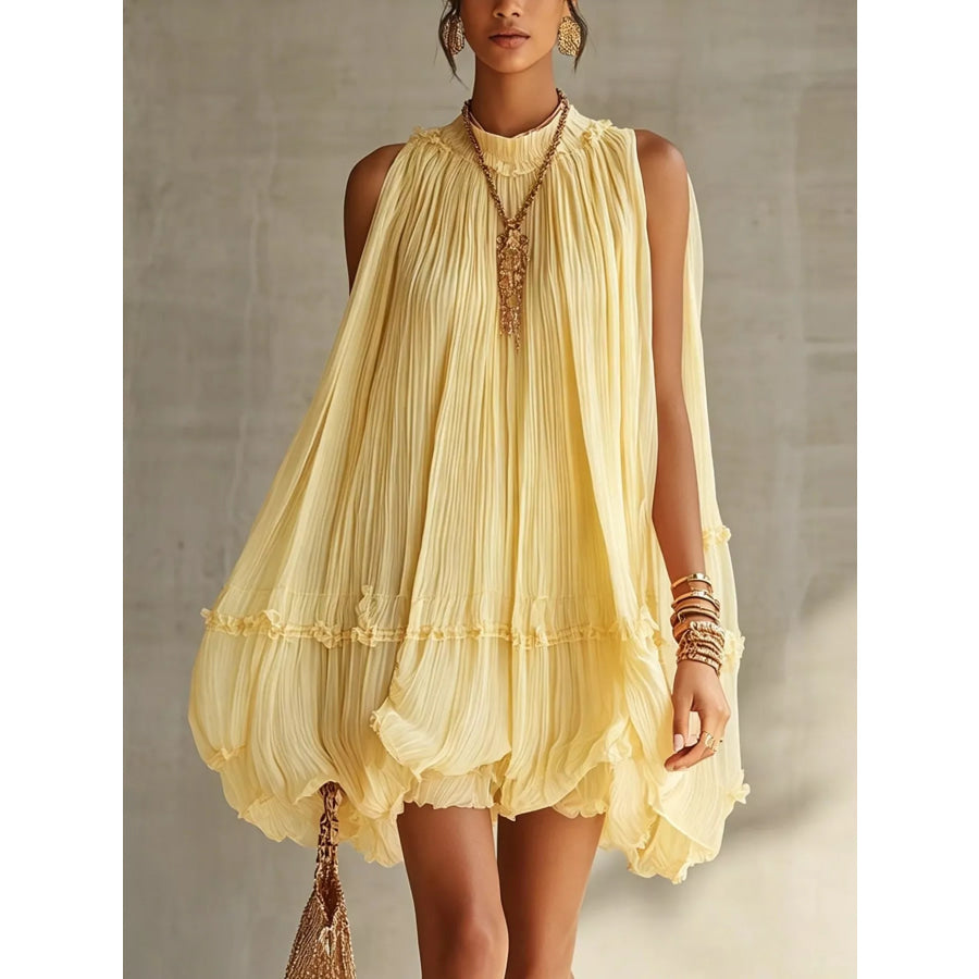 Pleated Mock Neck Sleeveless Mini Dress Pastel Yellow / S Apparel and Accessories