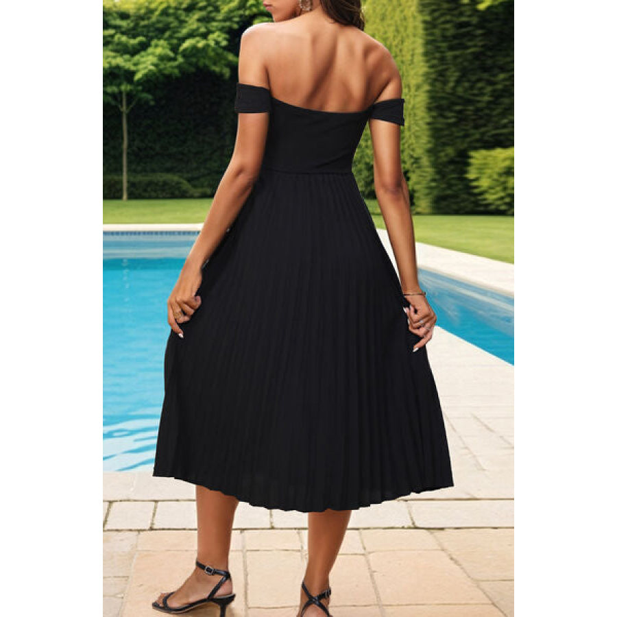 Pleated Off - Shoulder Midi Dress Apparel and Accessories