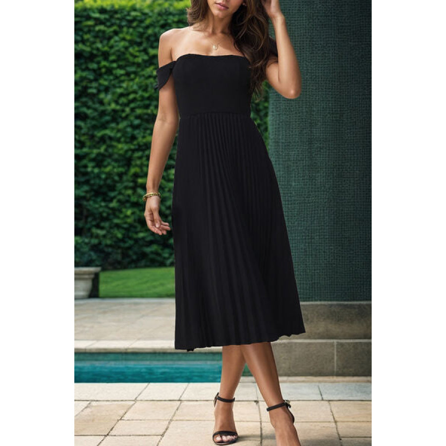 Pleated Off - Shoulder Midi Dress Black / S Apparel and Accessories