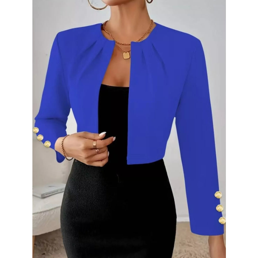 Pleated Open-Front Cropped Blazer with Gold Button Accents Apparel and Accessories