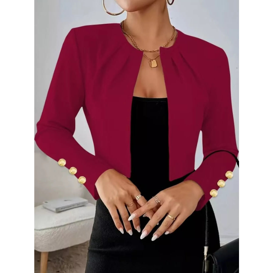 Pleated Open-Front Cropped Blazer with Gold Button Accents Apparel and Accessories