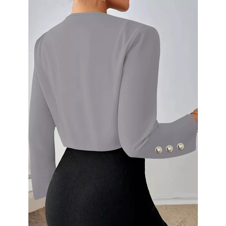 Pleated Open-Front Cropped Blazer with Gold Button Accents Apparel and Accessories