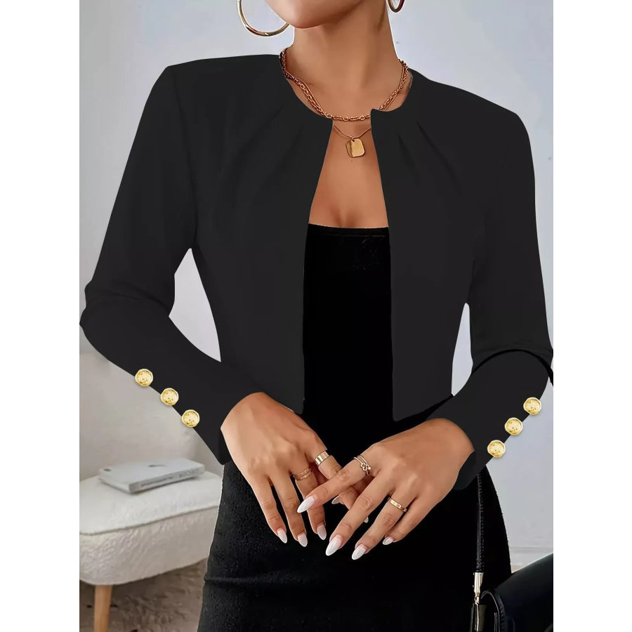 Pleated Open-Front Cropped Blazer with Gold Button Accents Apparel and Accessories