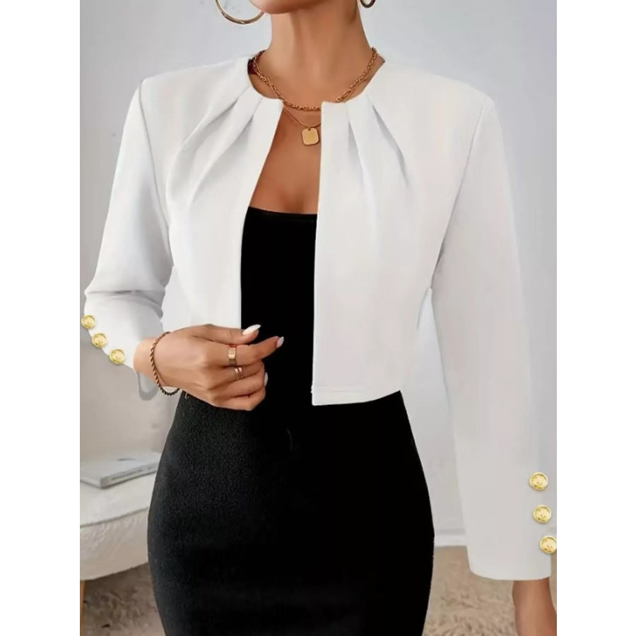 Pleated Open-Front Cropped Blazer with Gold Button Accents Apparel and Accessories