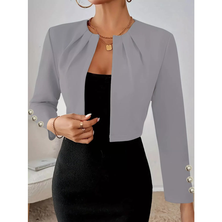 Pleated Open-Front Cropped Blazer with Gold Button Accents Apparel and Accessories