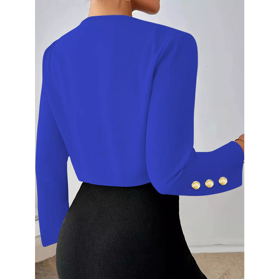 Pleated Open-Front Cropped Blazer with Gold Button Accents Apparel and Accessories