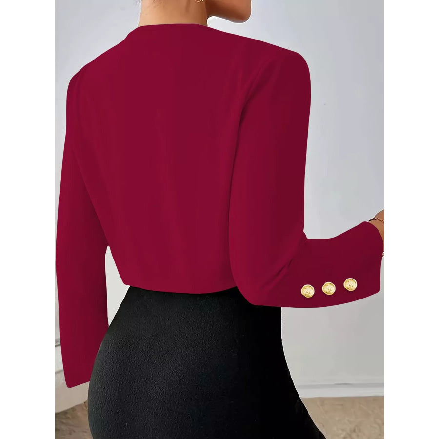 Pleated Open-Front Cropped Blazer with Gold Button Accents Apparel and Accessories