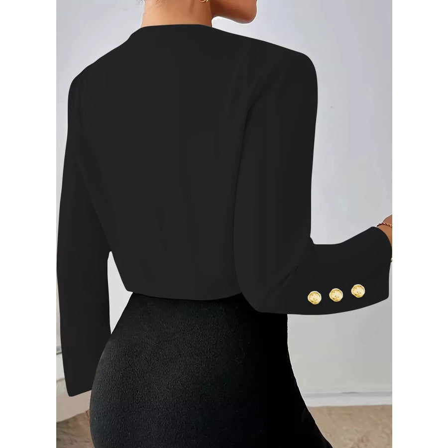Pleated Open-Front Cropped Blazer with Gold Button Accents Apparel and Accessories