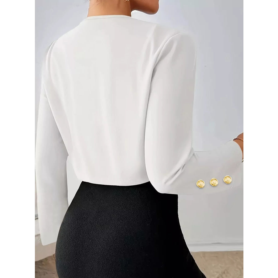 Pleated Open-Front Cropped Blazer with Gold Button Accents Apparel and Accessories