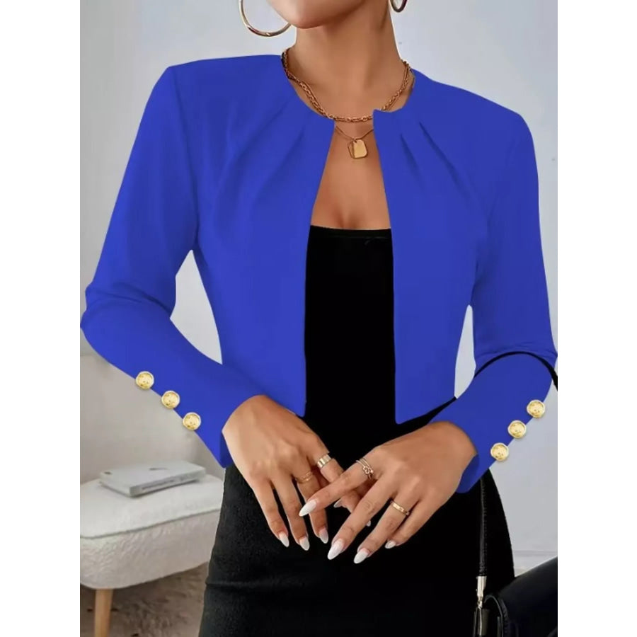 Pleated Open-Front Cropped Blazer with Gold Button Accents Blue-Cufflinks / S Apparel and Accessories