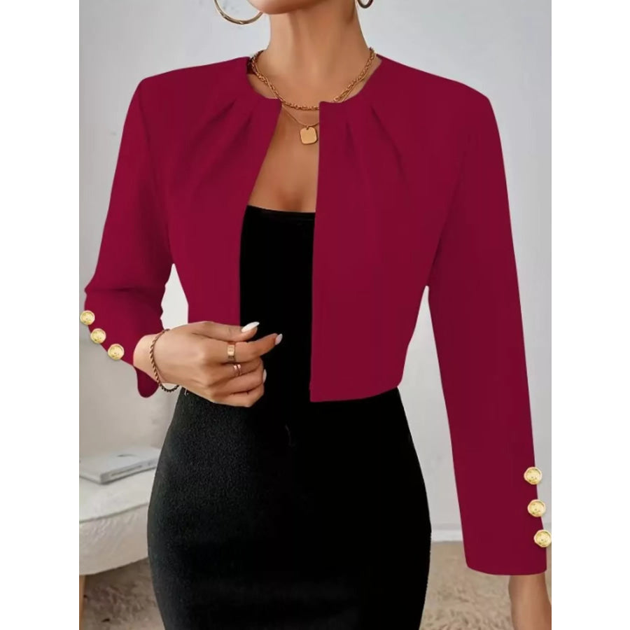 Pleated Open-Front Cropped Blazer with Gold Button Accents Burgundy-Cufflinks / S Apparel and Accessories