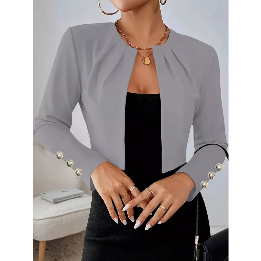 Pleated Open-Front Cropped Blazer with Gold Button Accents Gray-Cufflinks / S Apparel and Accessories