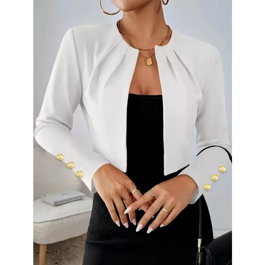 Pleated Open-Front Cropped Blazer with Gold Button Accents White-Cufflinks / S Apparel and Accessories