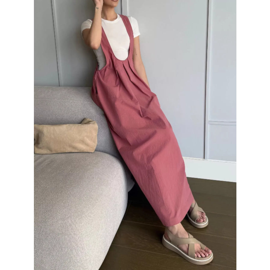 Pleated Overall Dress with Pockets Dark Pink / S Apparel and Accessories
